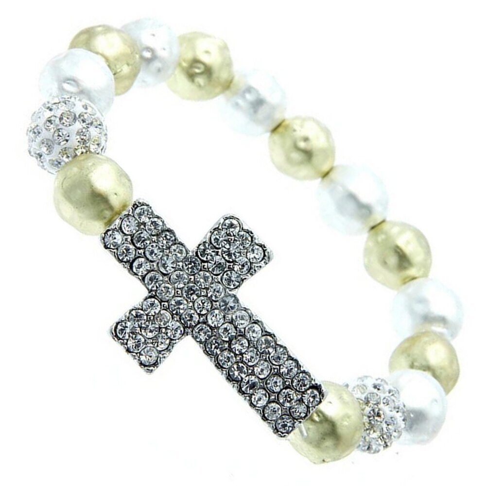 Metal Hammered Two Tone Beaded Crystal Cross Bracelet